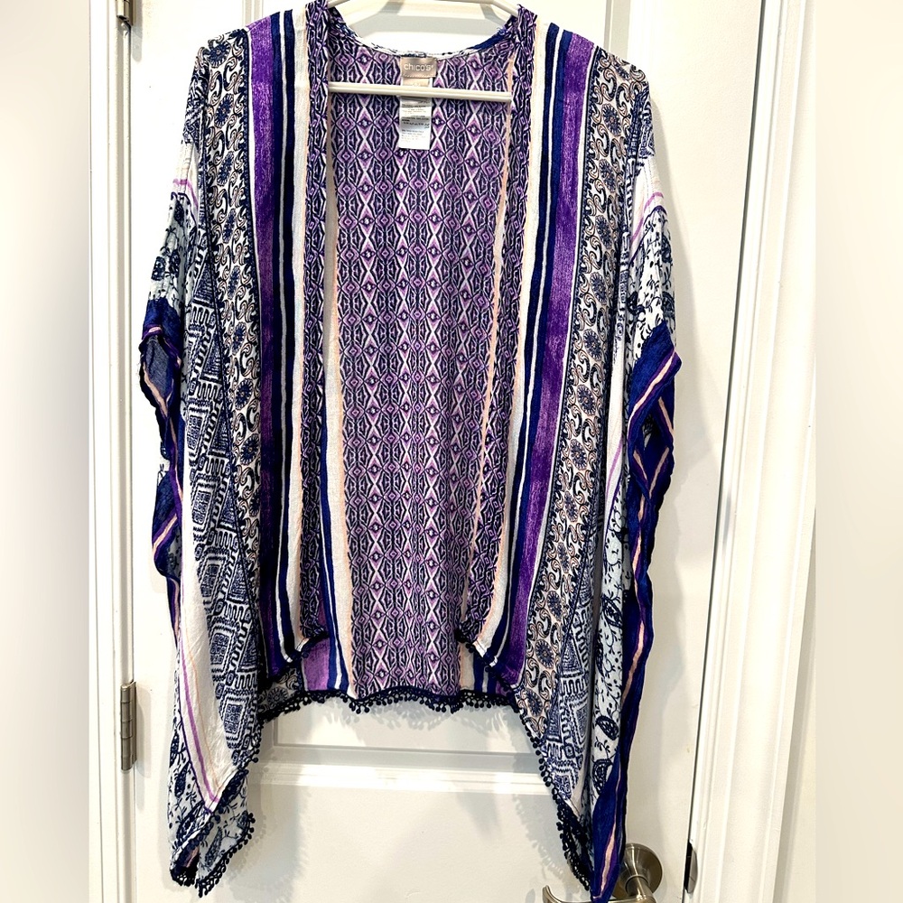 Chico’s Purple and Blue Open Front Poncho/Kimono Top, Size S/M